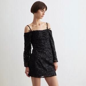Ganni Black Ribbon Bow Satin Tulle Off Shoulder Bell Sleeve Mini Dress Size L